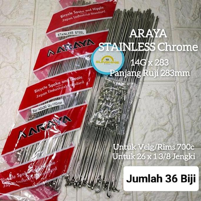 Spoke Ruji Jari 283 ARAYA STAINLESS Chrome 14G x 283mm Rims Velg Jengki 26x1 3/8 Dan Roadbike Fixie 