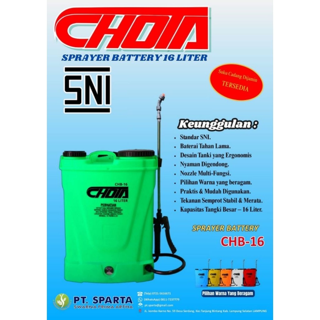 Sprayer ELEKTRIK CHOTA CHB-16 / Tanki semprot Pertanian/Kabag semprot/Tanki semprot 16Liter Chota CH