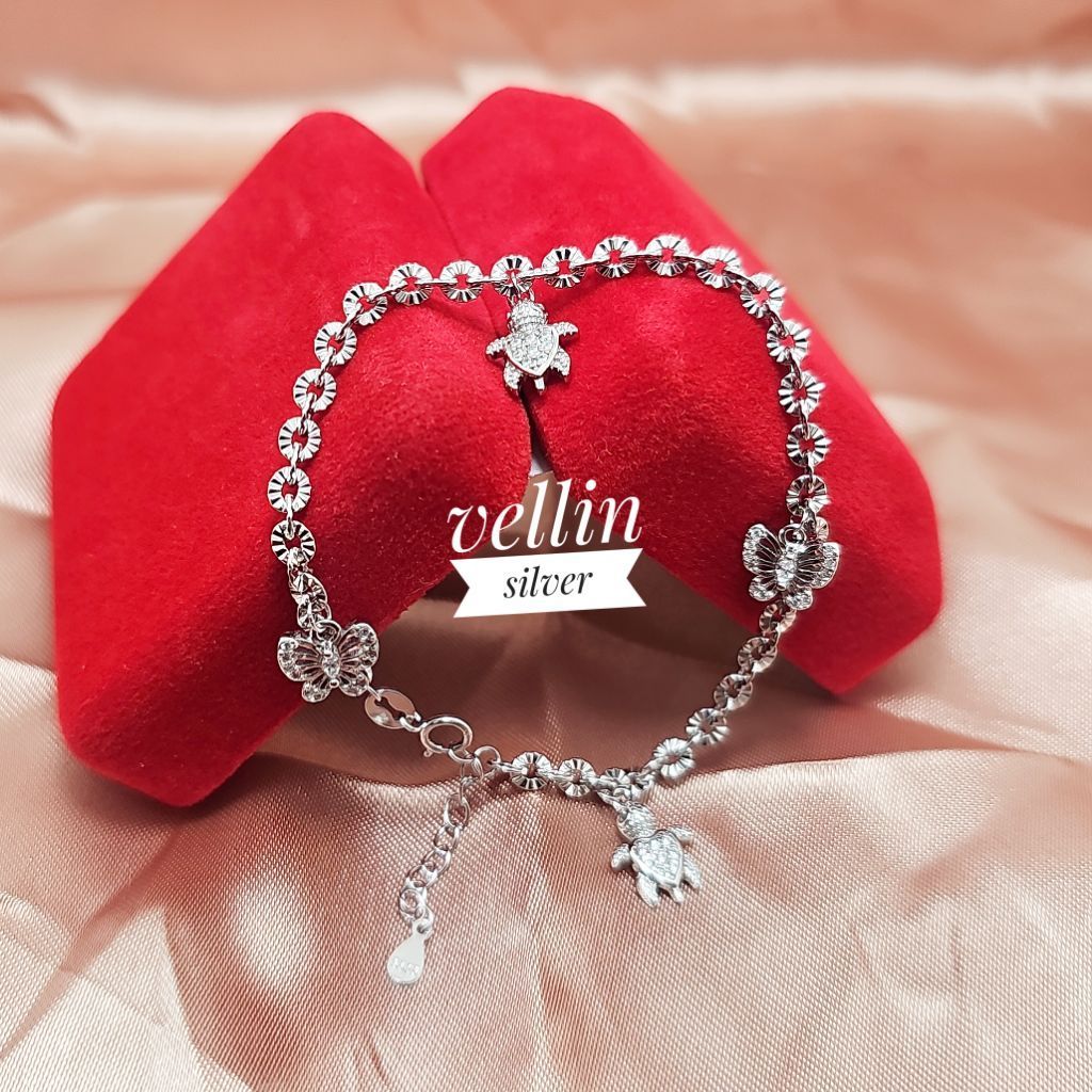 Gelang Tangan Rantai Nori Ukir dan Gantungan Unik Silver 925 Lapis Emas Putih - Gelang Tangan Wanita