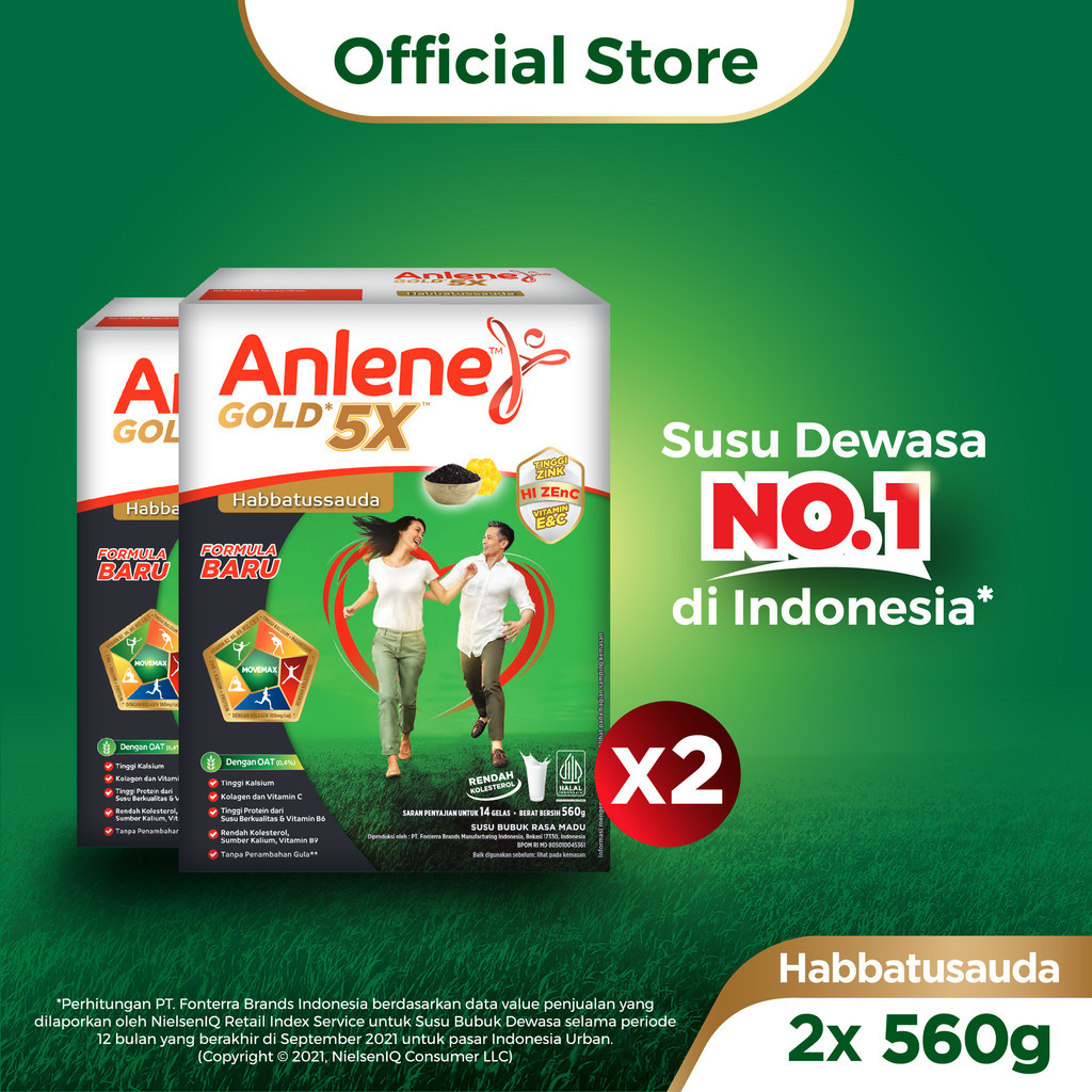 Anlene Gold 5X Habbatussauda Susu Bubuk Dewasa Madu 2 x 560g - Nutrisi Tinggi Kalsium Untuk Tulang, 