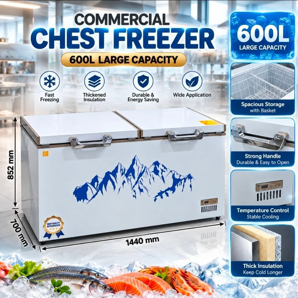 Chest Freezer Komersial 600L | Freezer Box 2 Pintu | Freezer Restoran Frozen Food