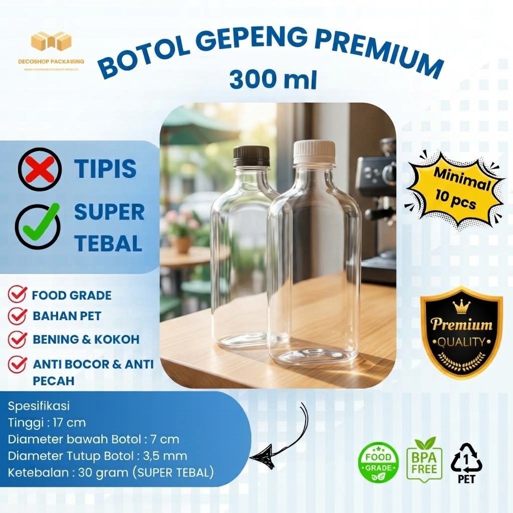 Botol Plastik PET Gepeng TEBAL 300ml BENING PREMIUM 30gr / botol plastik gepeng 300ml / BOTOL PLASTI