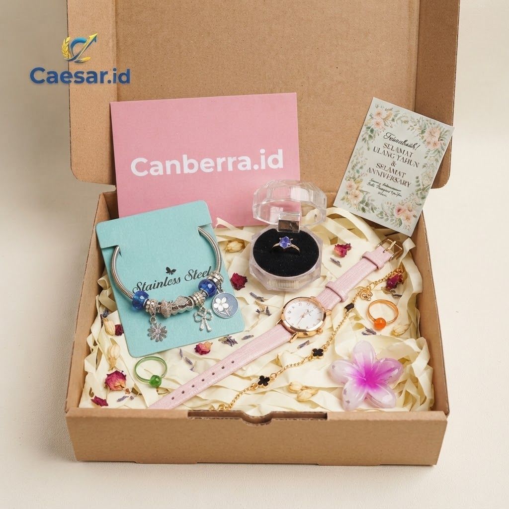 Kotak Hadiah Aksesoris Wanita Canberra.id dengan Jam Tangan Cincin Gelang dan KalungCanberra.id Kado
