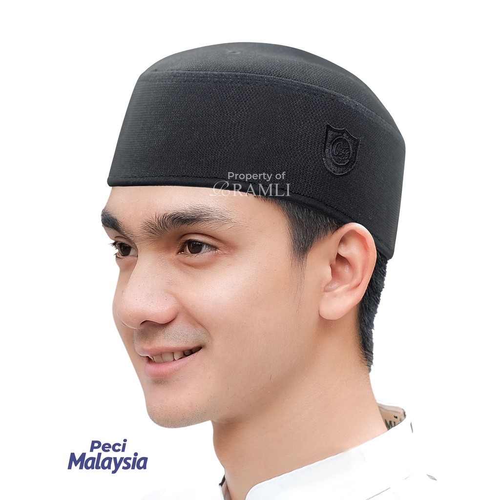 Ramli Peci Malaysia Hitam Logo Hitam Kopiah Bordir Songkok Spons Tebal Tinggi 7,5 cm