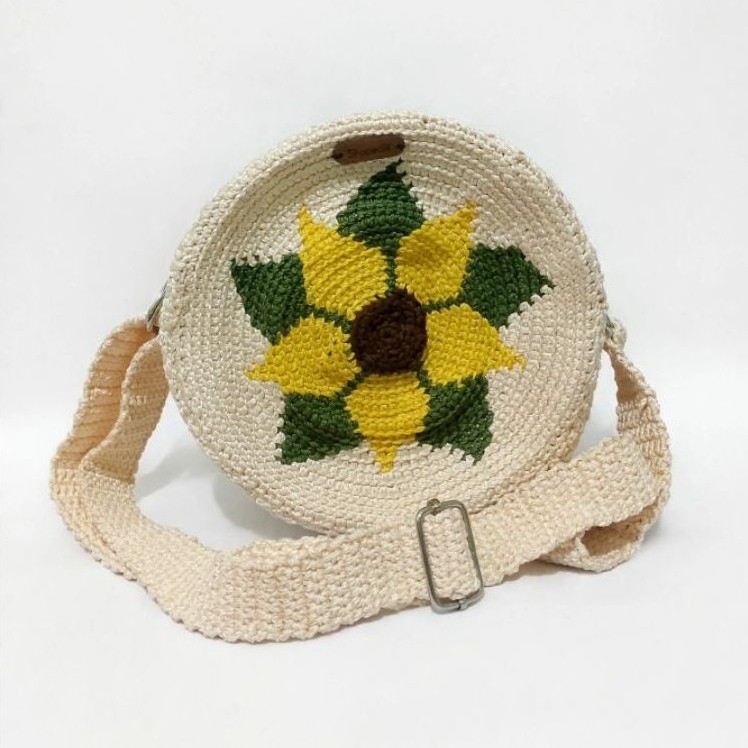 Tas Rajut Bulat Sunflower Sling Bag Motif Bunga Matahari Kuning Hijau Coklat Beige Tali Lebar Adjust