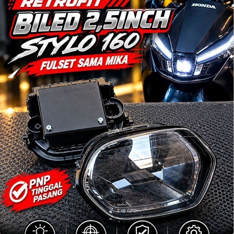 Reflektor lampu Stylo 160 Pnp biled fulset sama mika, retrofit biled stylo 160 set mika