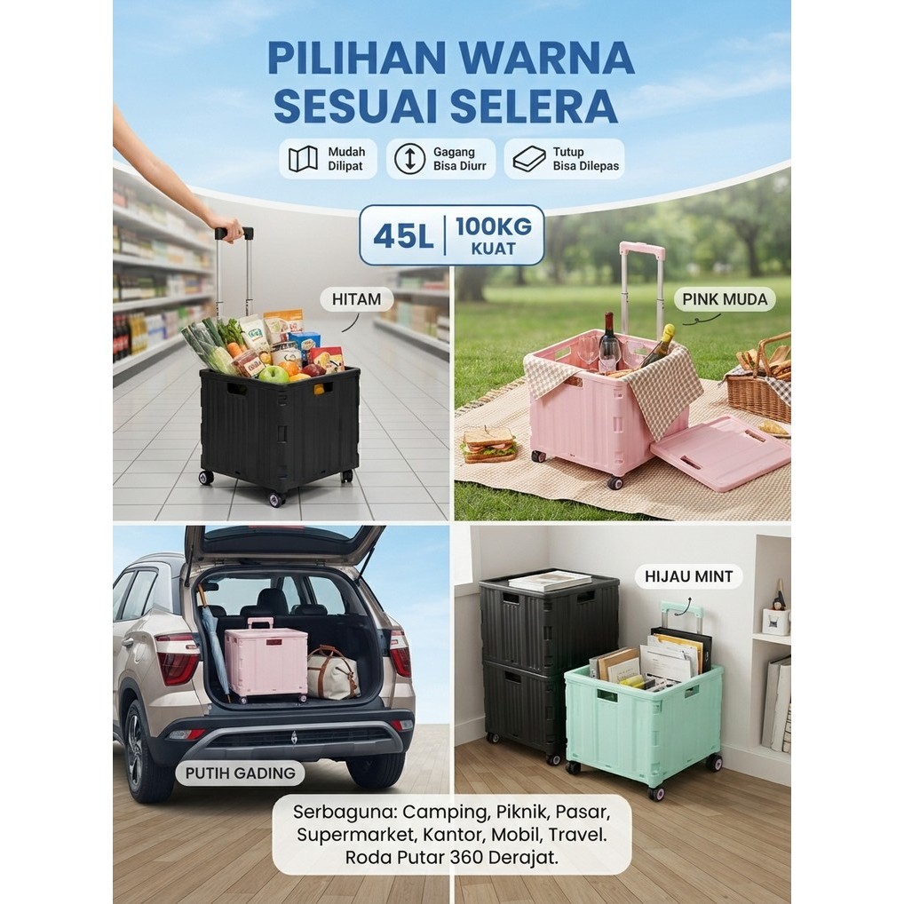 Trolley Box Portable Troli Belanja Lipat Keranjang Barang 4 Roda Putar 360 Besar Tebal Tutup Tarik D