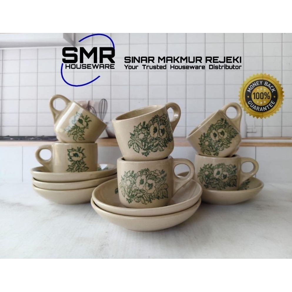 CANGKIR KOPI KERAMIK MOTIF BUNGA 6 PCS + SAUCER | GELAS KERAMIK JADUL UNIK