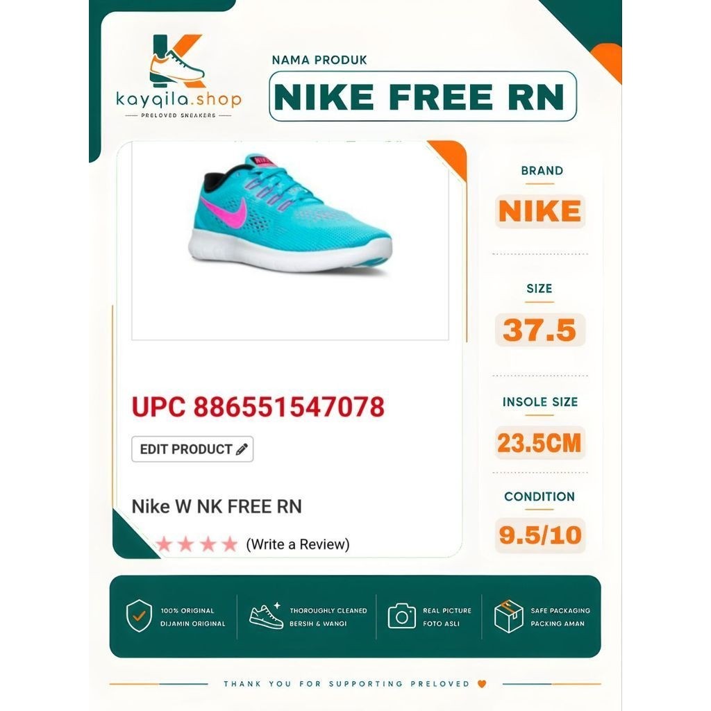 Sepatu Preloved Second Original Nike Free RN Size 37