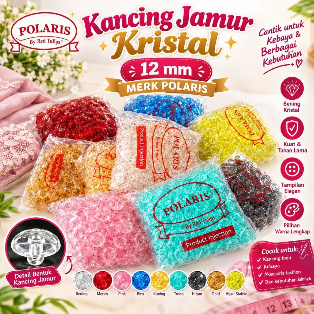12pcs Kancing Jamur Kristal / Kancing Jamur 12mm / Kancing Baju Murah