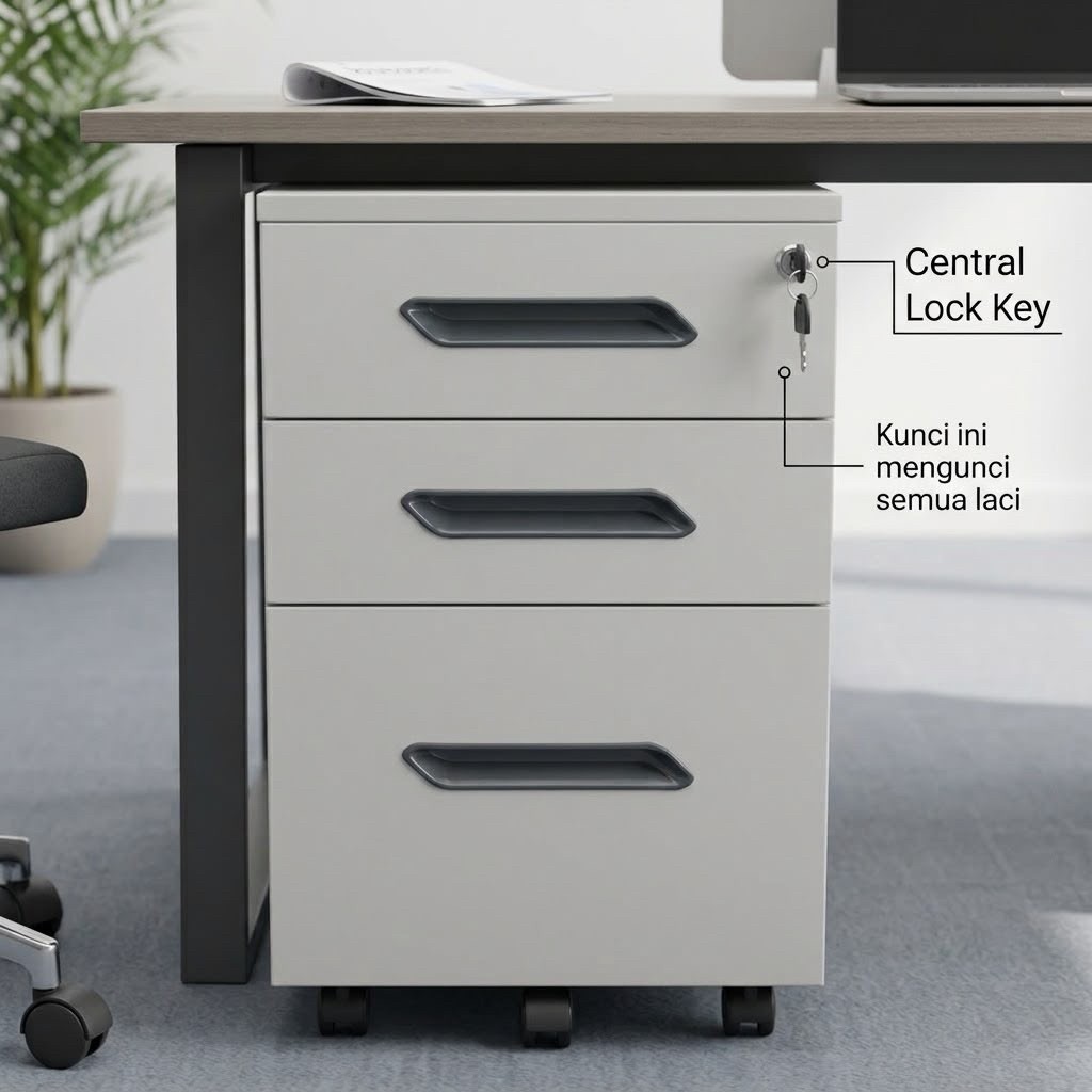 Laci Mobile Pedestal Laci Roda Plat Besi 3 Susun dengan Kunci / Lemari Arsip Laci Bergerak Plat Besi