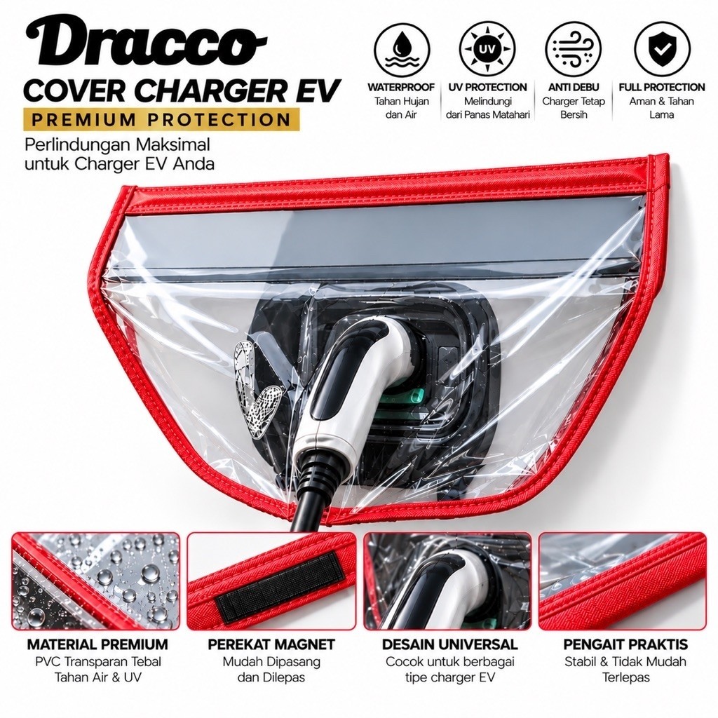 Cover Charger Mobil Listrik EV Anti Hujan Waterproof Universal Dracco - Merah