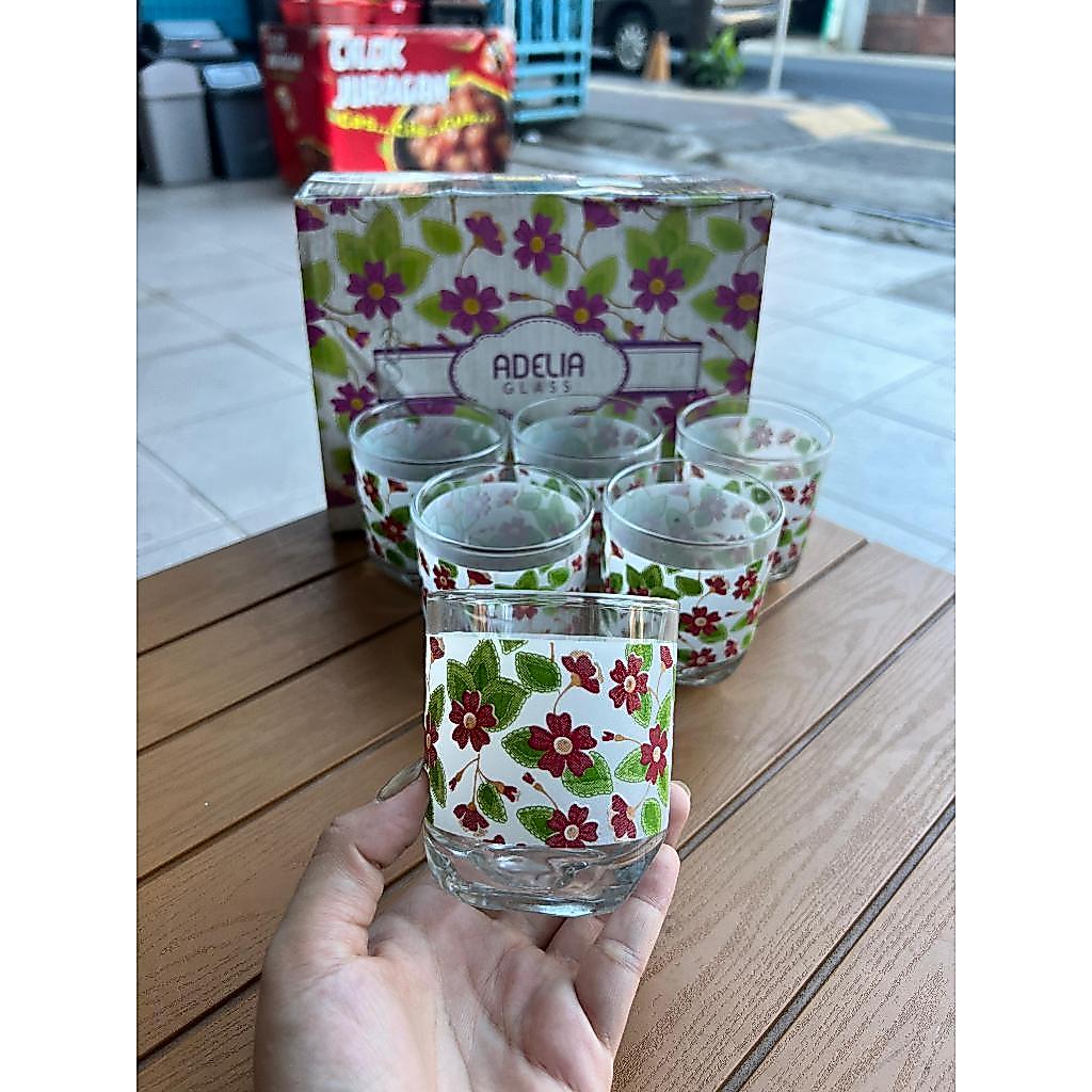 Gelas Kaca Mini / Gelas Sloki / Gelas Shot Motif Bunga Hijau 1set isi 6 / Satu set Gelas Souvenir