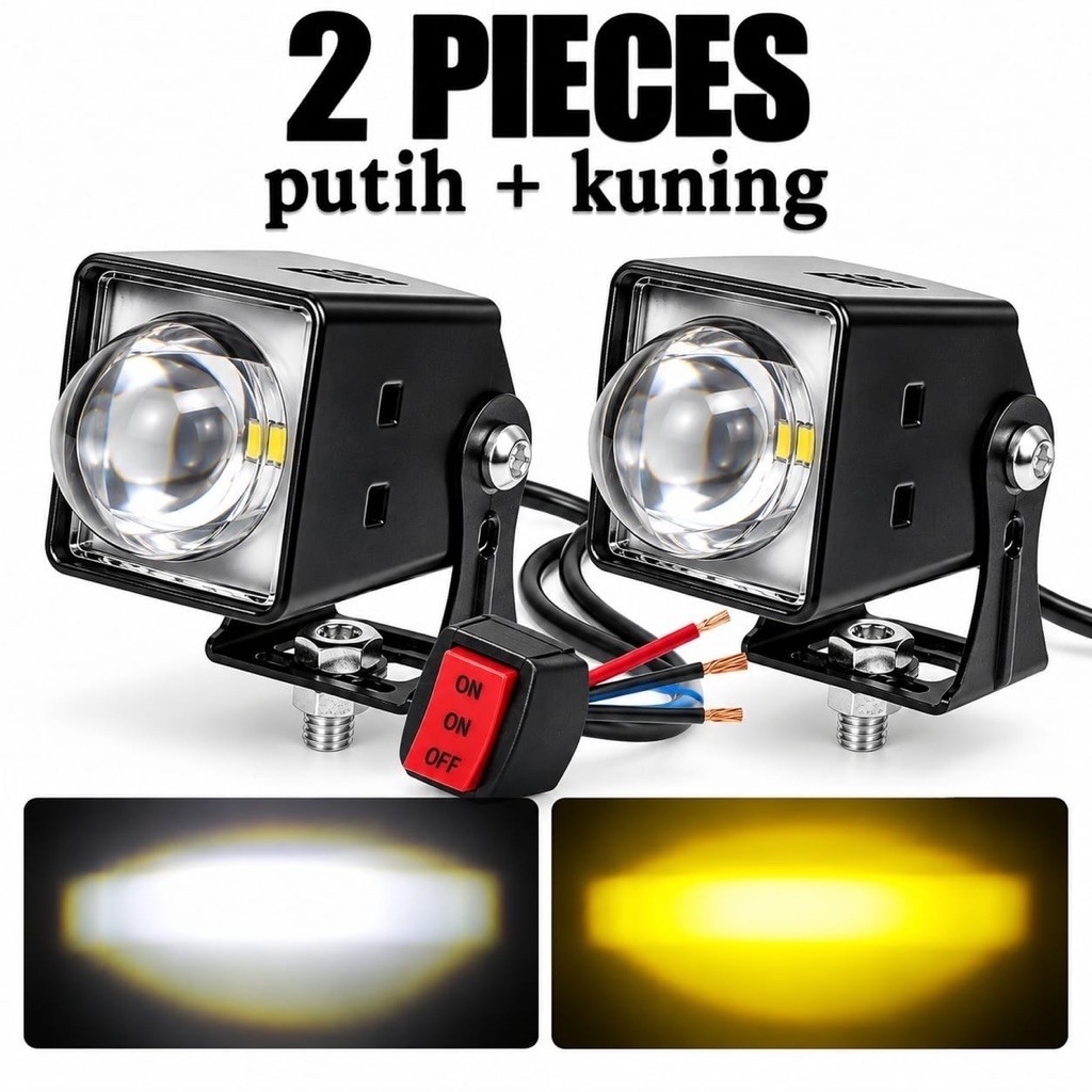 COD 2PCS d2 kotak Lampu Tembak Laser LED Kotak Putih Kuning 2 PCS + Saklar ON OFF Motor