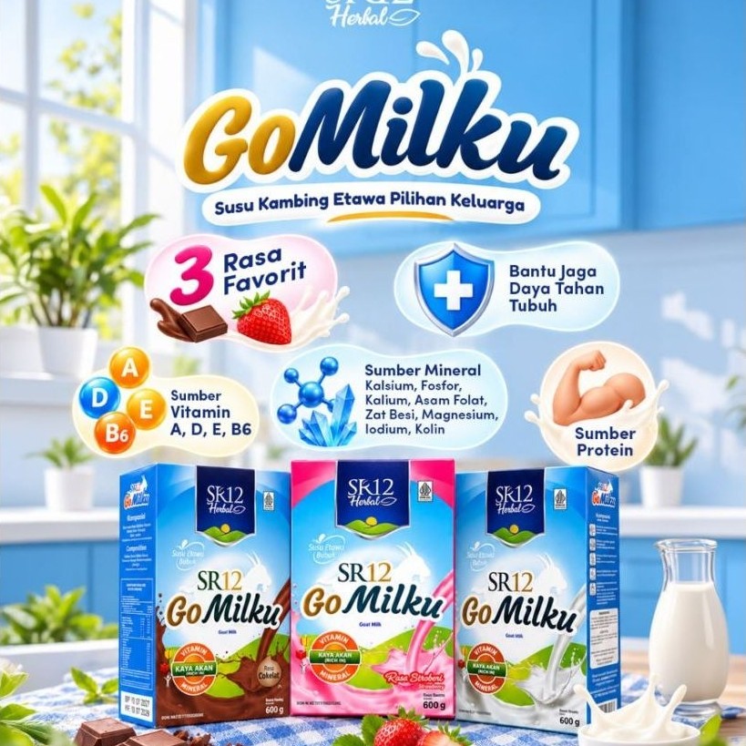 SR12 Herbal GoMilku Susu Kambing 3 Rasa Favorit Sumber Protein Vitamin A D E B6 600g