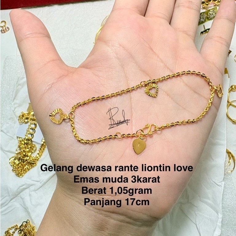 gelang dewasa rantai liontin  love 1,05 emas muda 3karat
