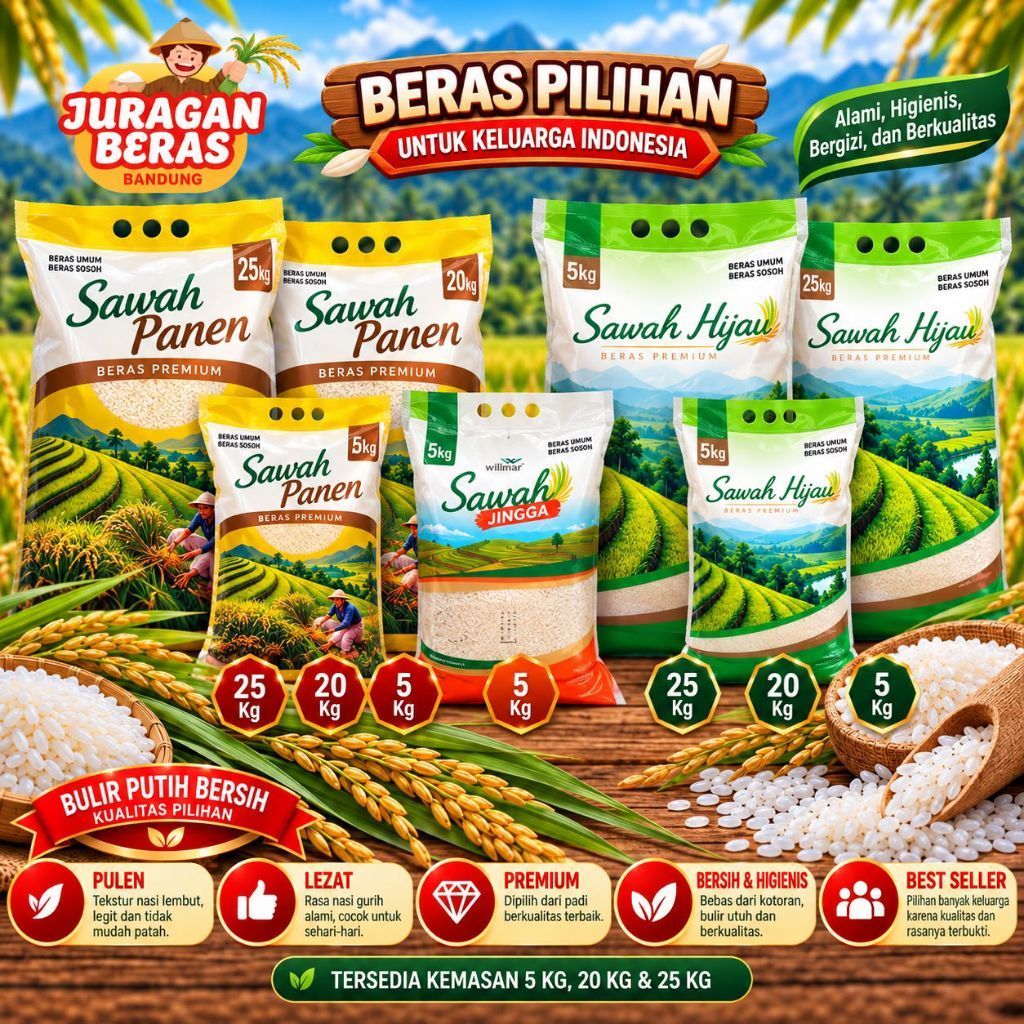 Beras Sawah Hijau / Sawah Panen / Sawah Jingga/ Pulen putih enak 5 Kg  20kg dan 25kg
