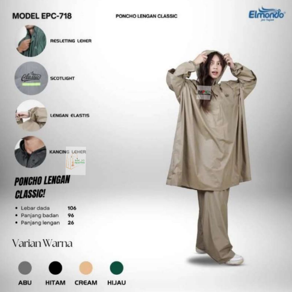 Jas Hujan Dewasa Elmondo Classic 718 - Setelan Ponco Celana PVC, Tahan Air, Ringan, Nyaman, mm fresh