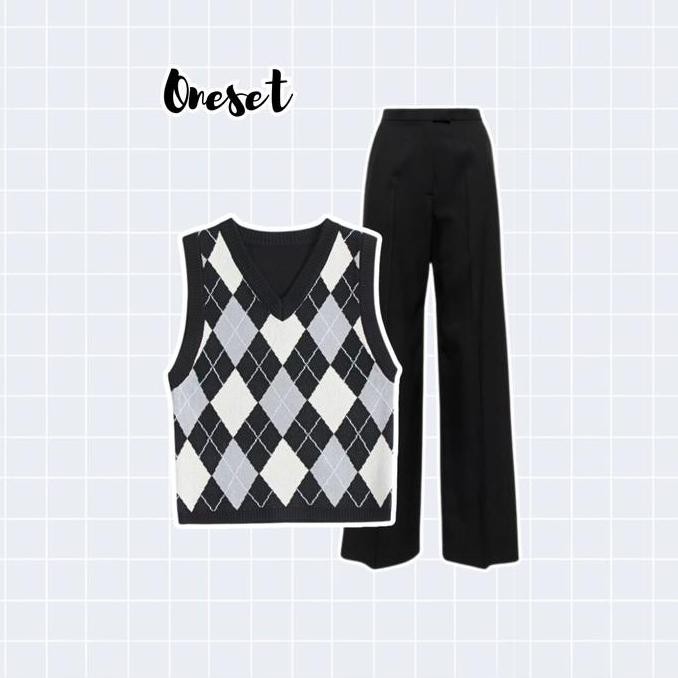 Df325>> Set 0026 ( Vest Rajut + Kemeja Putih + Celana Kulot ) One Set Cewek Kekinian | Baju 1 Set