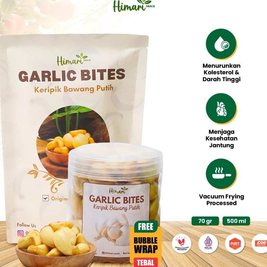 

Keripik Bawang Putih Himari Garlic Bites Sna Cemilan Sehat Kemasan Pouch 70Gr Dan Toples 350Ml