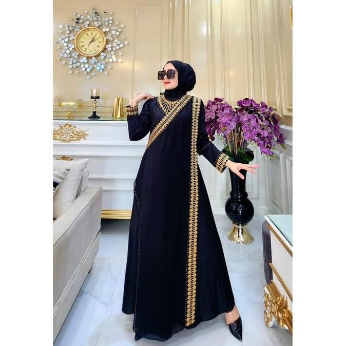 DF100 - GAMIS ABAYA TURKEY BORDIR SARI INDIA 01 KALUNG MOTE TERBARU ZKRA WARNA Dress Muslim Wanita C