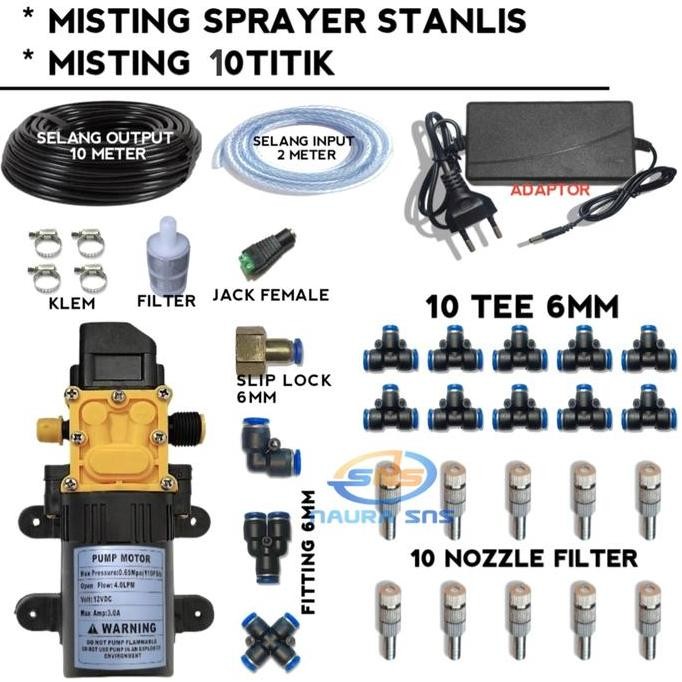 PAKET MISTING 10 TITIK NOZZLE POMPA DC 12V / MIST SPRAYER KABUT WALET - MIST-SK-0.5-10T HARGA KHUSUS