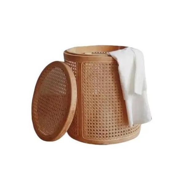 NEW - Keranjang Laundry Baju/Pakaian Bundar Kayu Jati Rotan D40cm T4cm