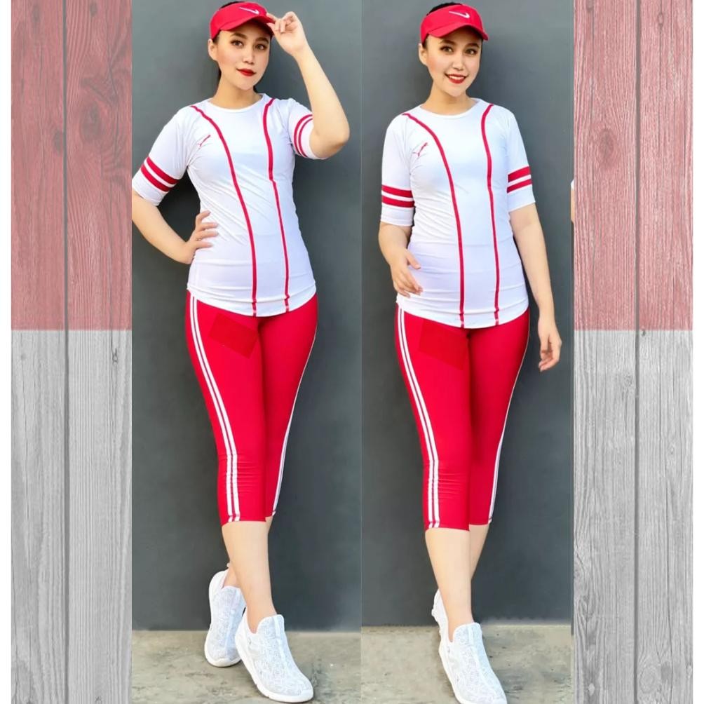 Gd-12 Ty69 Setelan Senam Merah Putih - Baju Senam Wanita Model Terbaru Hemat