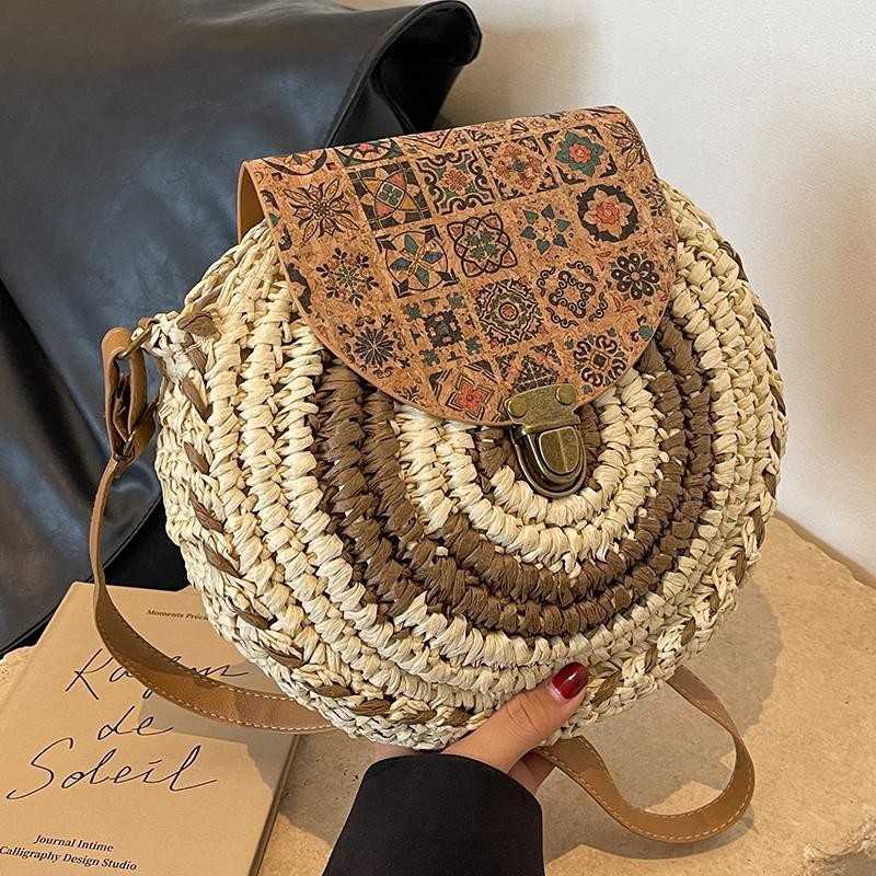 Tas Jerami Wanita Desain Fashion Baru Tas Bahu Selempang Tas Bulat Kecil