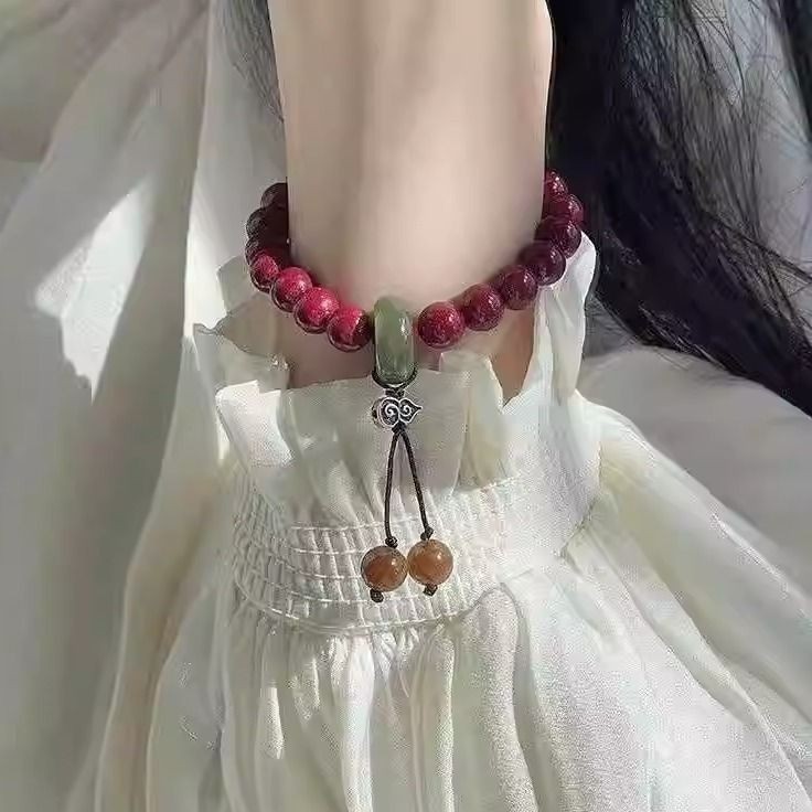 Gelang Cinnabar untuk Wanita Gelang Tahun Kelahiran Tahun Naga Manik-manik Keberuntungan Jade Hetian