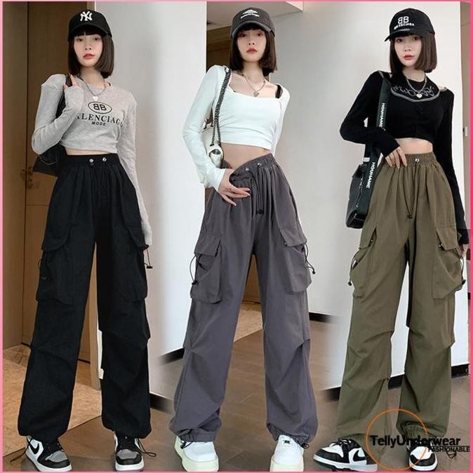 Df345>> 091 Pants Wanita Premium Highwaist Polos Casual Serut Oversize Celana Kulot Panjang Kantong 