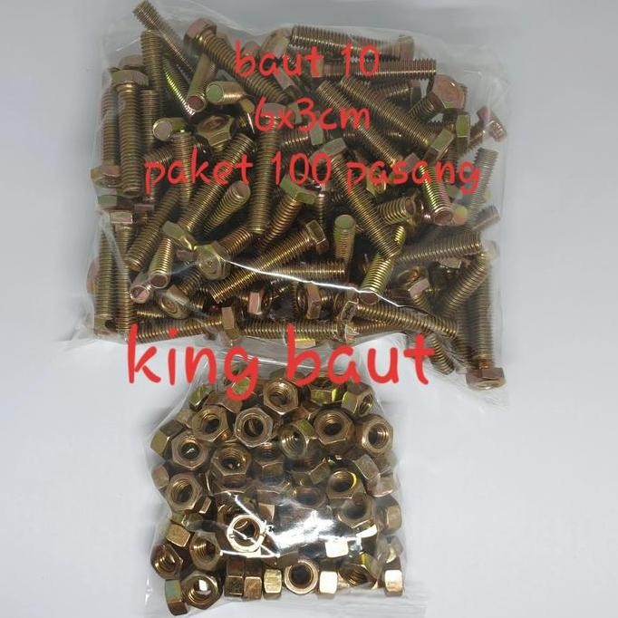 Paket 100 Pcs Baut 10 + Mur (6mm) x 3 cm
