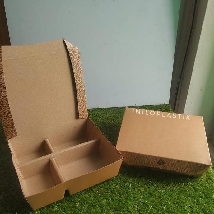 Lunch box sekat 4 Coklat Eco kraft laminasi / Paper Lunch Box Kraft Sekat 4