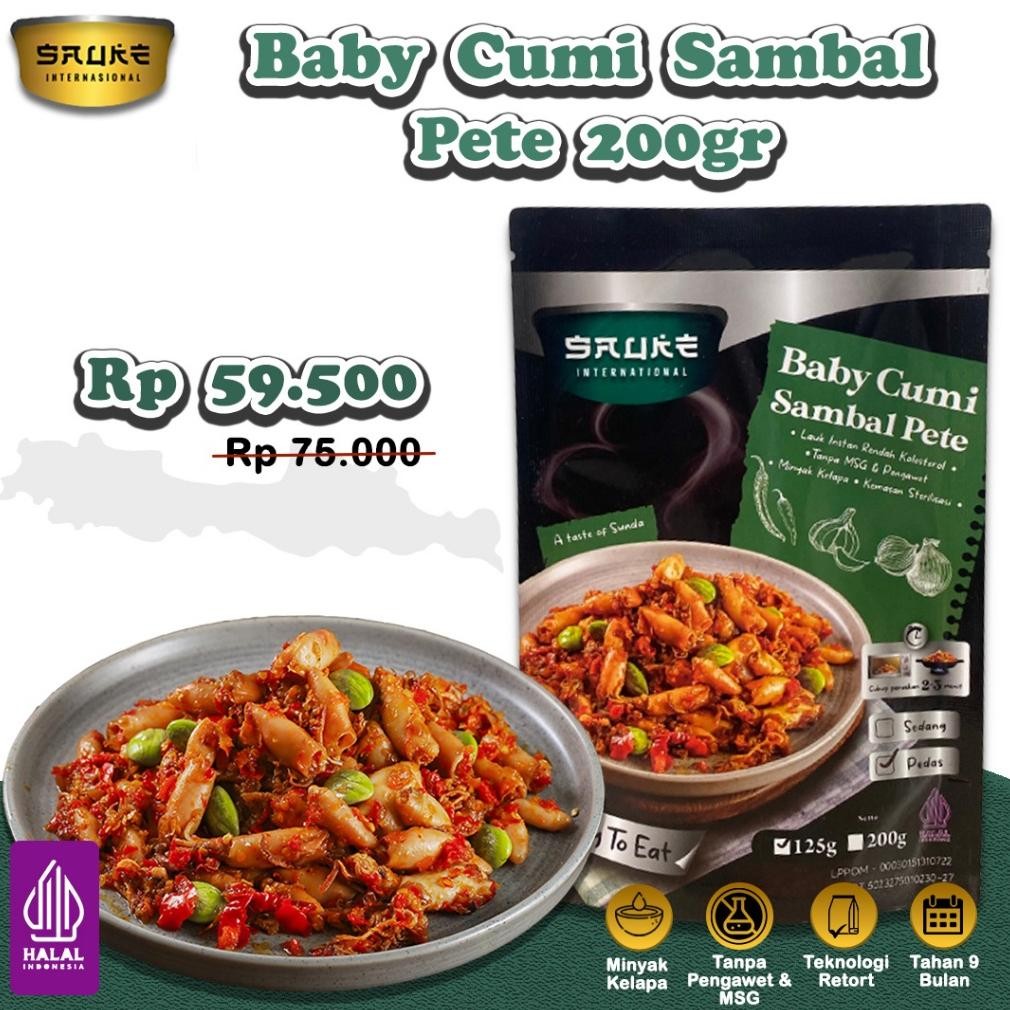

READY STOK SAUKE Baby Cumi Sambal Pete Lauk Siap Saji Tahan 9 Bulan Tanpa Pengawet Siap kirim