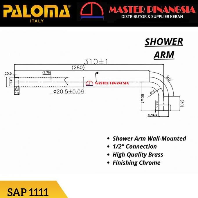 Paloma Sap 1111 Wall Shower Arm Pipa Rainshower Dinding Kamar Mandi