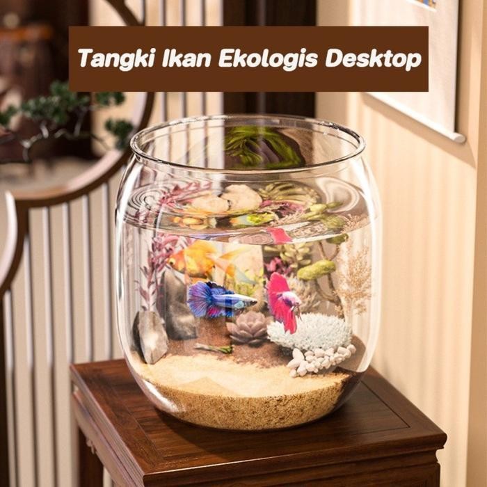 RA Aquarium Bulat Kaca Mini Aquarium Toples Bulat Ikan Hias Aquarium/pajangan Meja Aesthetic/paket A