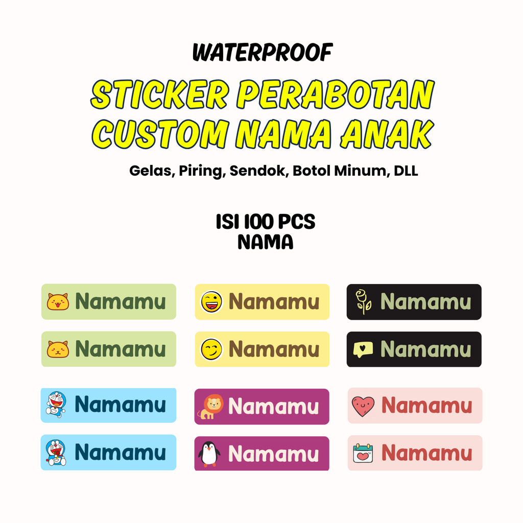 

Stiker Anak 3D 100 Pcs Custom Nama Piring Sendok Botol Gelas Perabotan timbul waterproof ajaib label