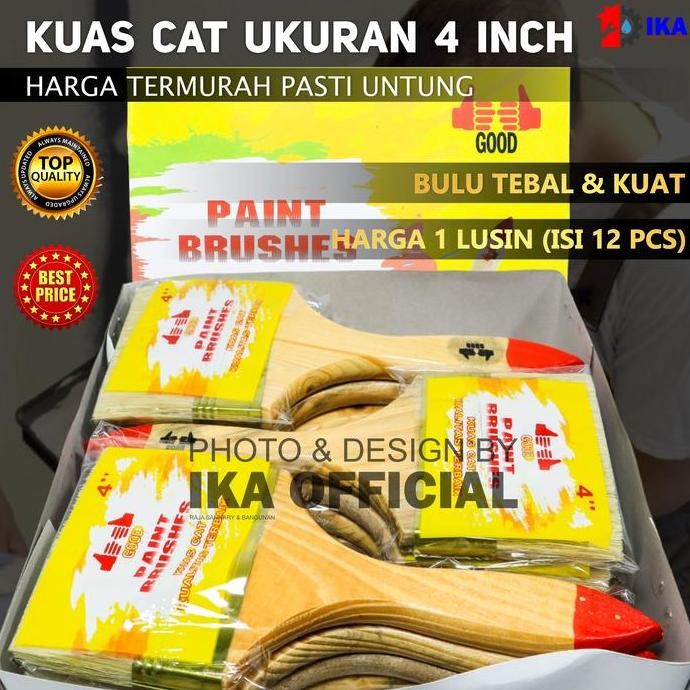 kuas cat 4 " inchi 1Lusin kuas gagang kayu gagang pvc acak merk 4 Inchi harga 1box 12pcs harga grosi