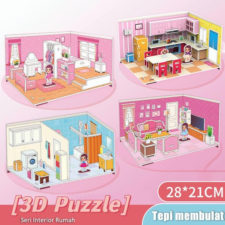 3D Puzzle Mainan Edukasi Anak Perempuan Laki Seri Interior Rumah Besar DIY Hadiah