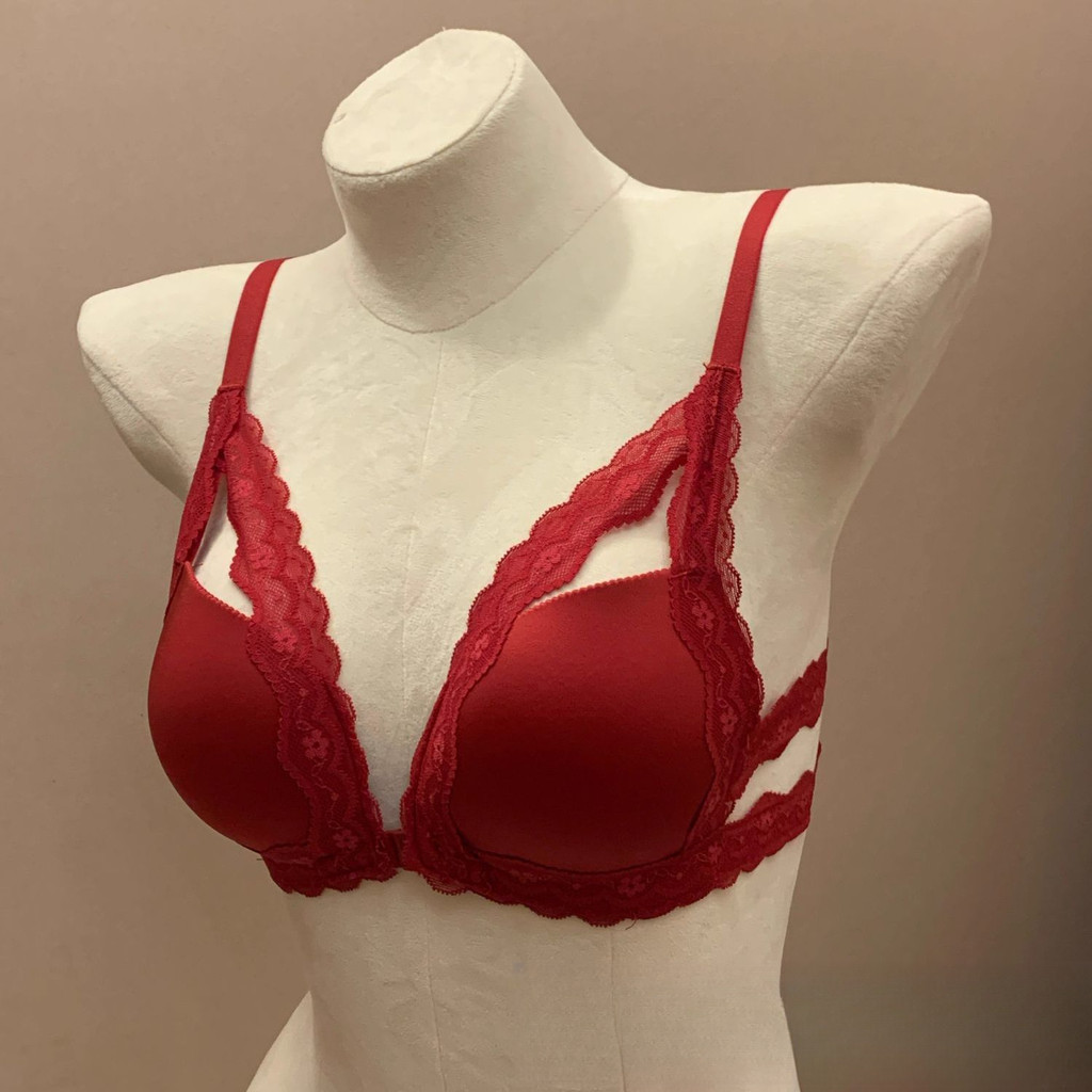 [Yunrouju]Set bra tanpa batas bermotif macan tutul renda seksi kancing depan merah yang nyaman
