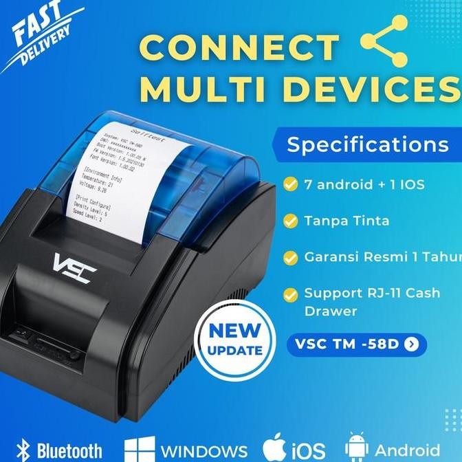PRINTER THERMAL BLUETOOTH VSC TM-58D 58mm SUPPORT STRUK  MOKA GOBIZ QASIR - RPP02N Charger Label kas