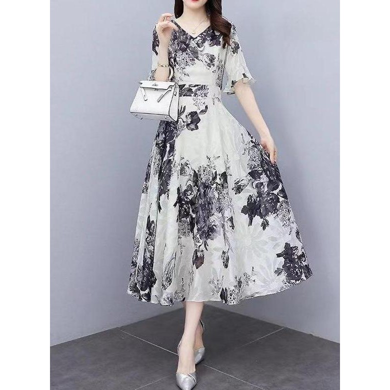 FANMU midi dress rayon premium/midi dress motif bunga kecil korea/midi dress rayon premium casual ga