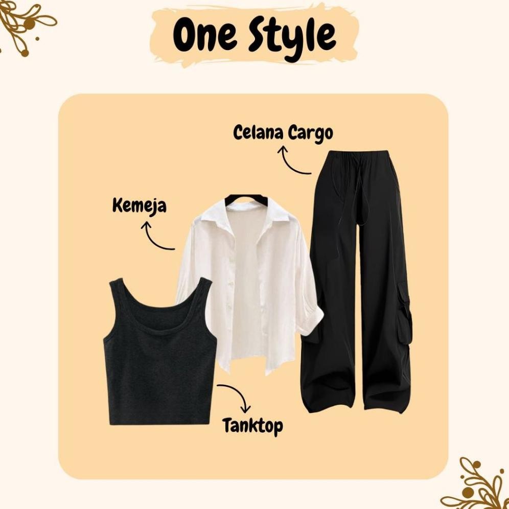 Bets Seller 02 -> Azila Outfit12 | One Set ( Kemeja Putih + Tanktop + Celana Cargo + Hijab ) | Ootd 