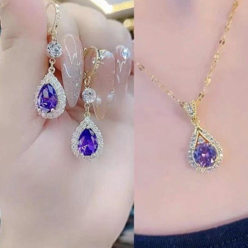 Anting Kristal Ungu Elegan Set Anting dan Kalung Tetes Air Serbaguna