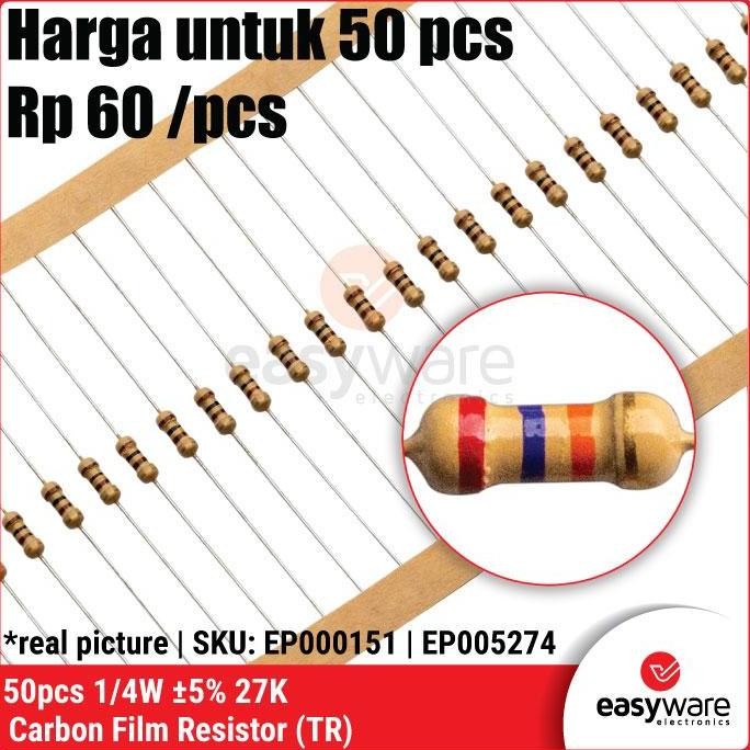 50PCS RESISTOR 27K OHM 1/4W 5% CARBON RESISTOR 27K 0.25W 0.25 WATT RESISTOR 5%