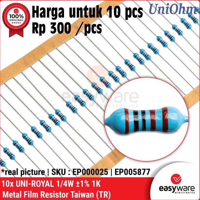 10X RESISTOR TAIWAN 1K 1/4W 0.25W 1% METAL FILM RESISTOR TAIWAN 1K OHM RESISTOR KAKI TEBAL