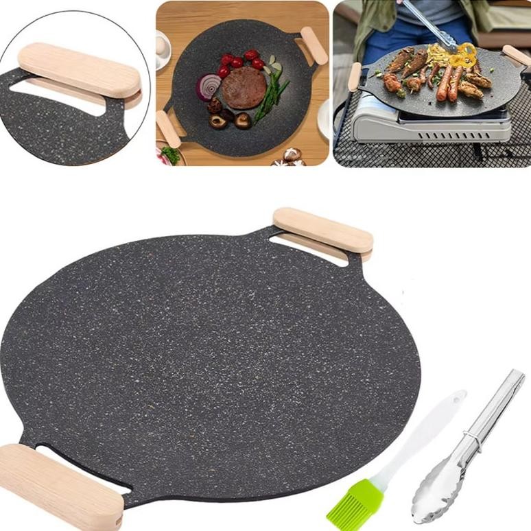 Bisa Cod LittlepolkadotPromotion Wooden Handle Alat Panggangan Bbq Grill Pan Korean Wajan Bulat Anti