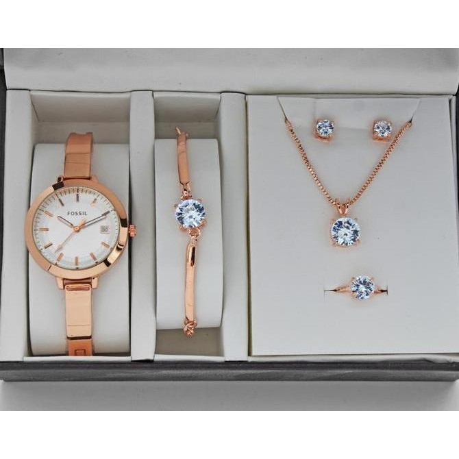 Jam Tangan Wanita Fossil Paket Plus Gelang Cincing Anting Kalung