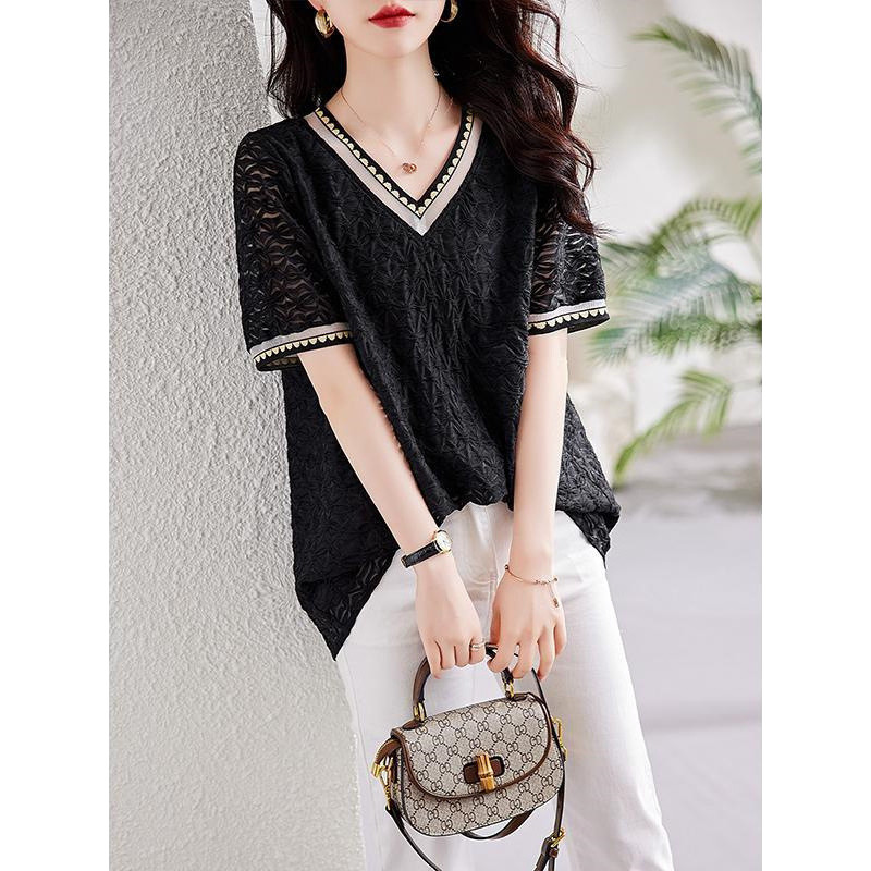 Ukuran Besar Longgar V Blus Chiffon Lengan Pendek Berkerah untuk Remaja