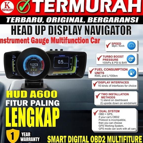 Pengukur Otomatis A600 HUD GPS + Sistem OBD, Speedometer Komputer